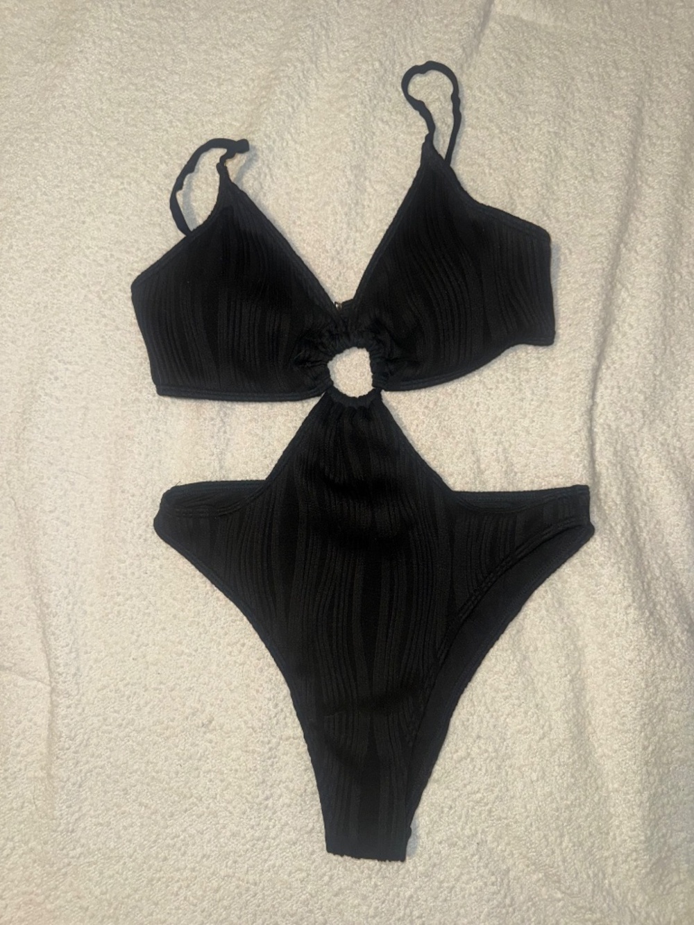 Black Ribbed Cutout One Piece Swimsuit